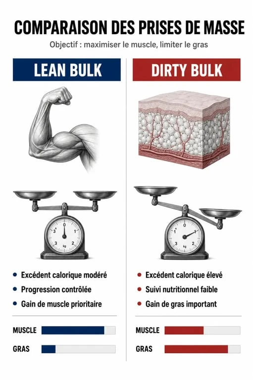 Comparatif entre prise de masse propre (lean bulk) et prise de masse sale (dirty bulk) pour la prise de muscle sans gras
