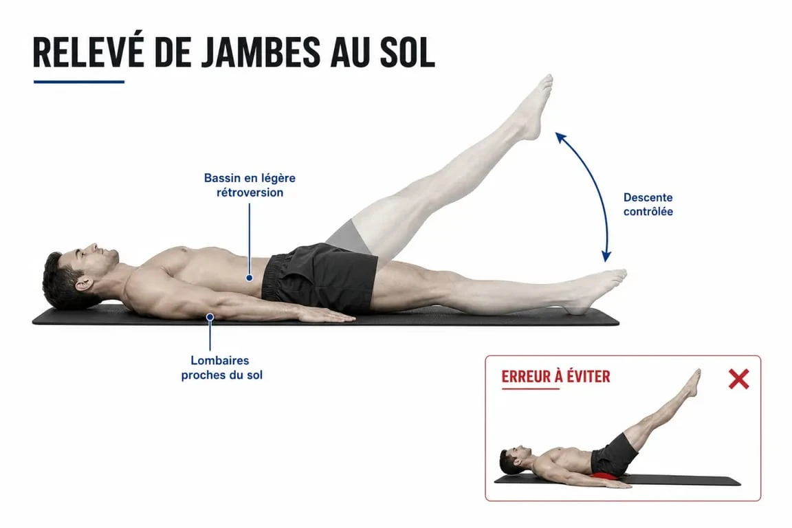 Relevé de jambes illustré avec la bonne posture et l’erreur à éviter