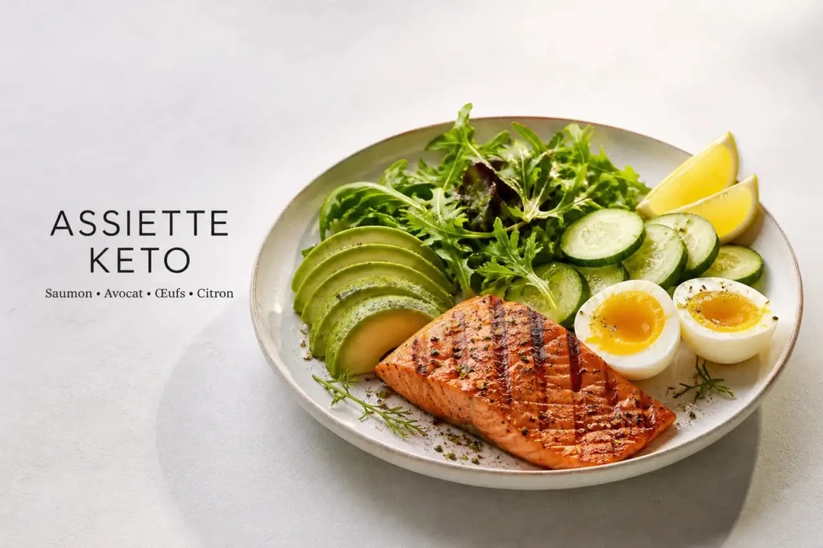 Recette keto avec saumon, avocat et légumes verts en assiette dressée