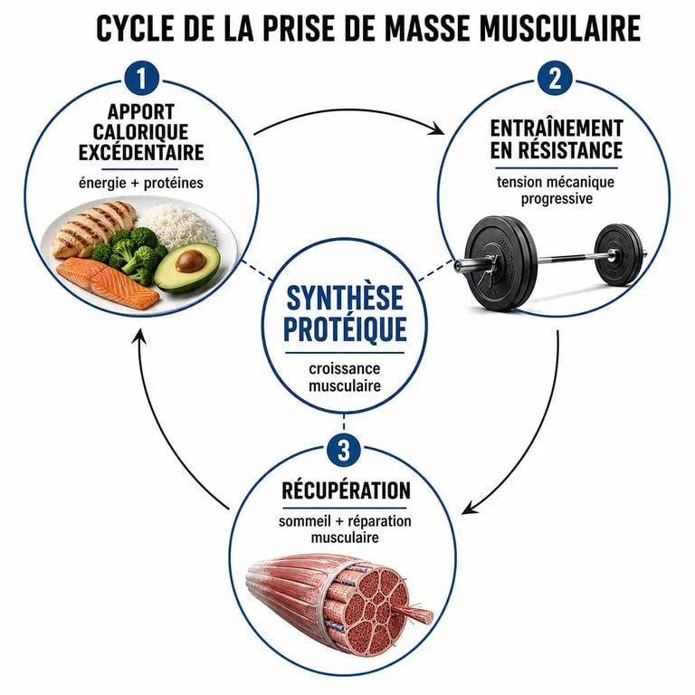 Schéma explicatif du processus de prise de masse musculaire : alimentation, entraînement et récupération