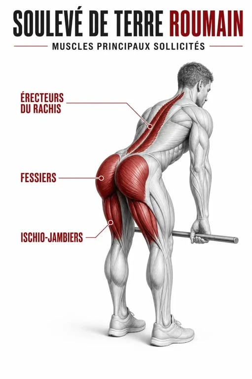 Schéma anatomique des muscles sollicités lors du soulevé de terre roumain
