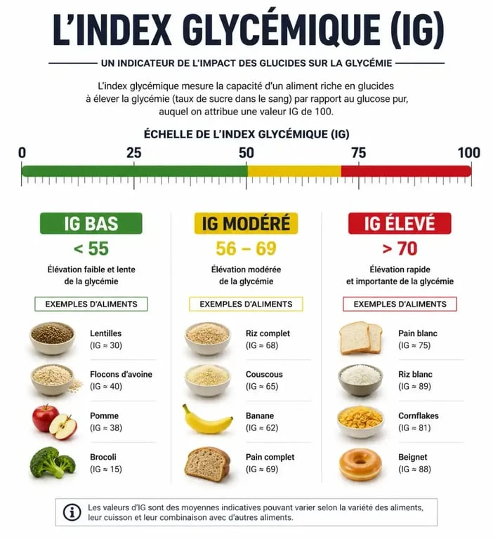 Infographie explicative de l'index glycémique des aliments pour comprendre le tableau IG