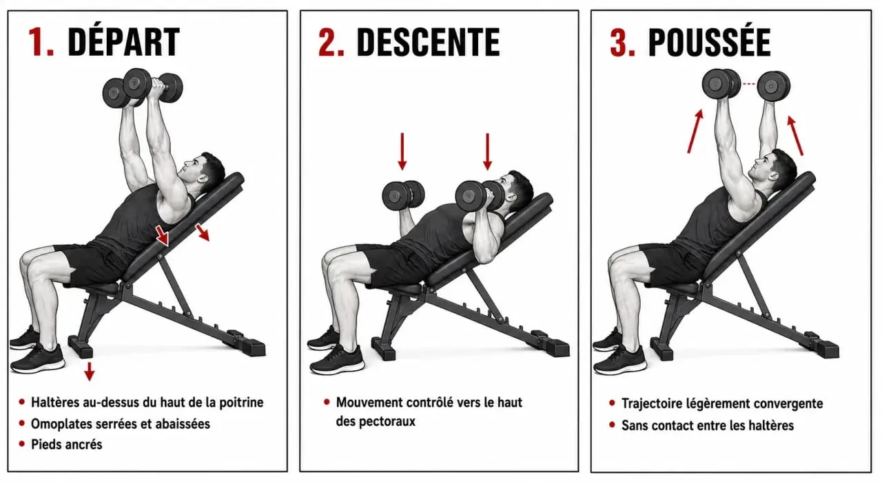 Développé haltère incliné : illustration séquentielle de la position de départ, de la descente et de la poussée sur banc incliné