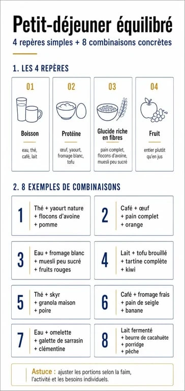 Idées de petit-déjeuner équilibré : infographie des 4 repères et 8 exemples de petits-déjeuners