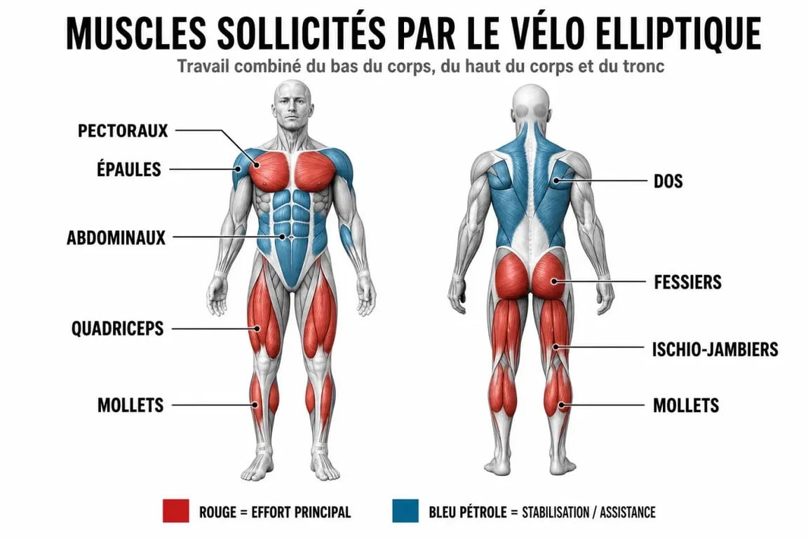Schéma des muscles sollicités par le vélo elliptique pour un effet avant après optimal