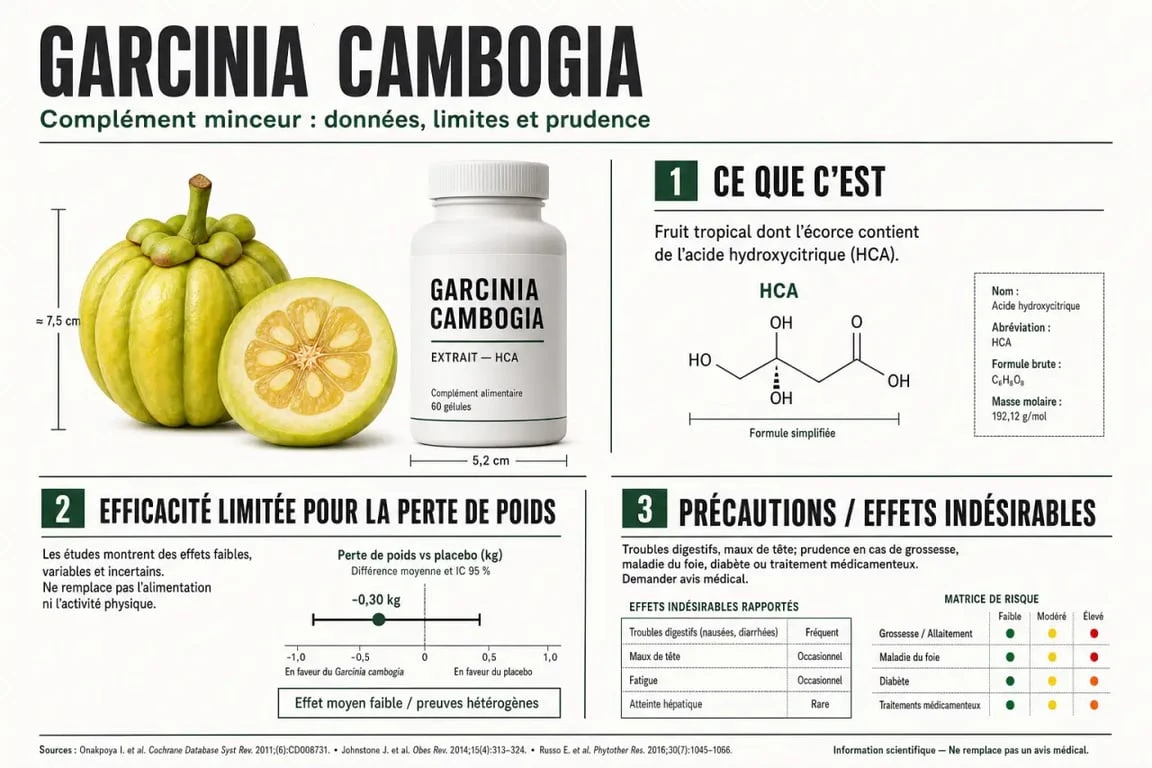 Garcinia cambogia : infographie sur ses effets, limites et précautions