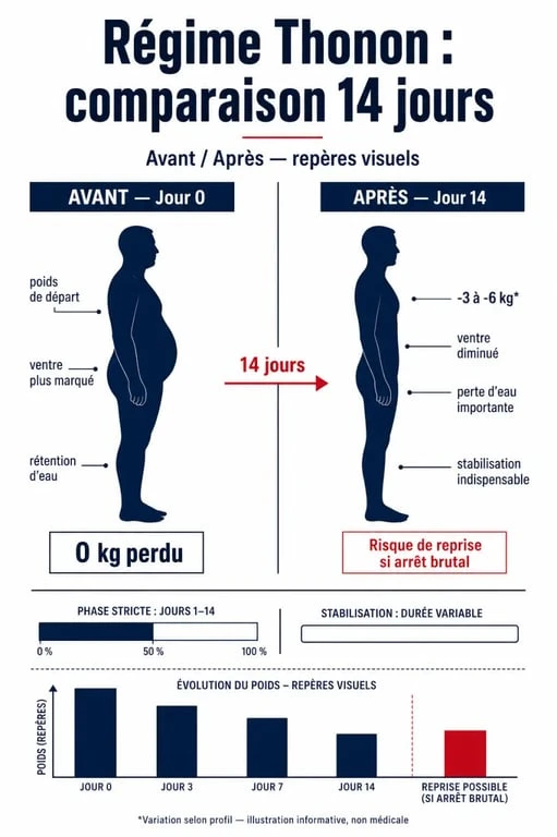 Régime Thonon avant après : comparaison visuelle d'une transformation sur 14 jours