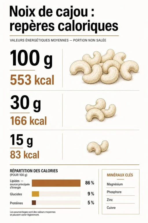 Noix de cajou calories : infographie comparant 100 g, 30 g et 15 g