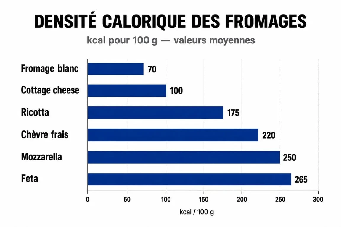 Comparatif visuel des fromages les moins caloriques par portion de 100g pour un régime équilibré