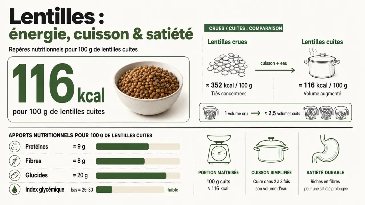 Infographie sur les lentilles calorique, calories, protéines, fibres et index glycémique