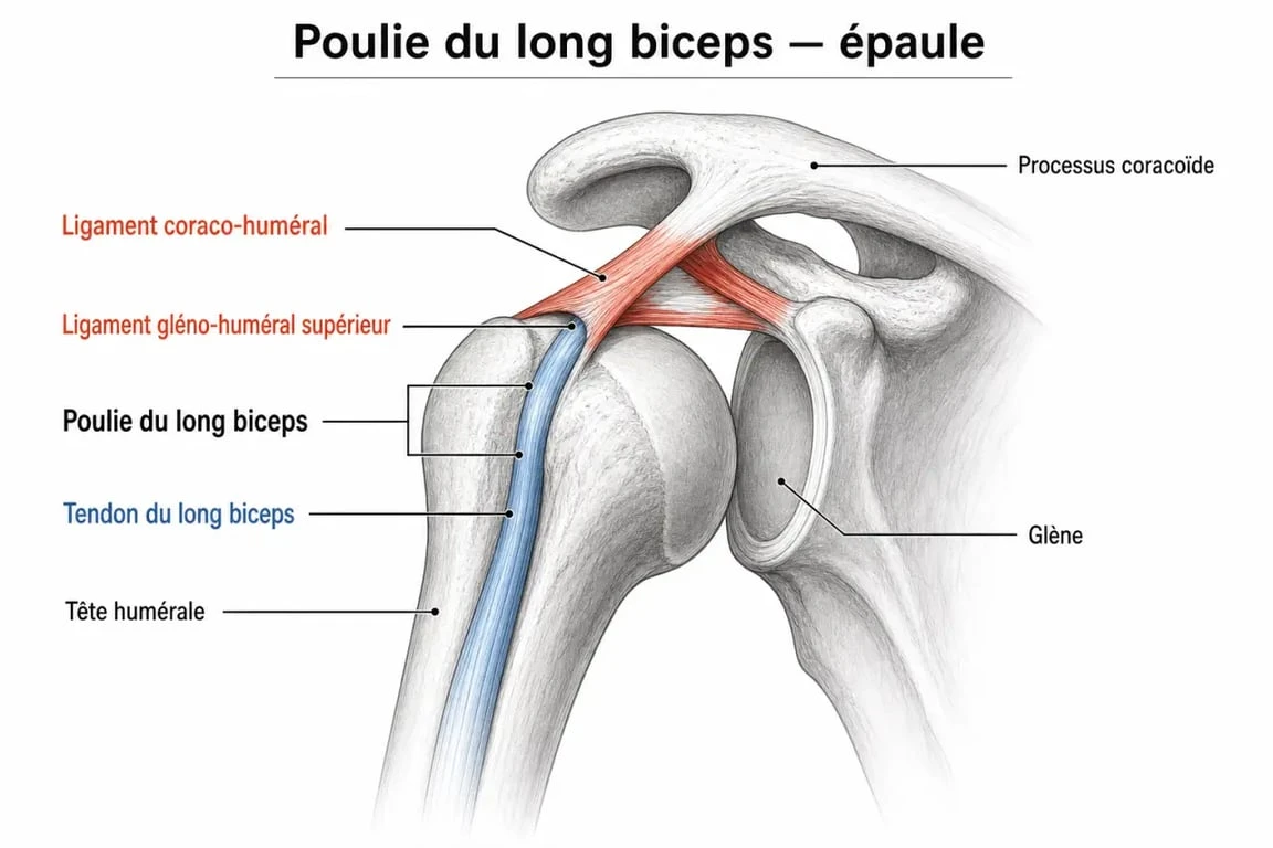 Schéma anatomique de la poulie du long biceps dans l'épaule