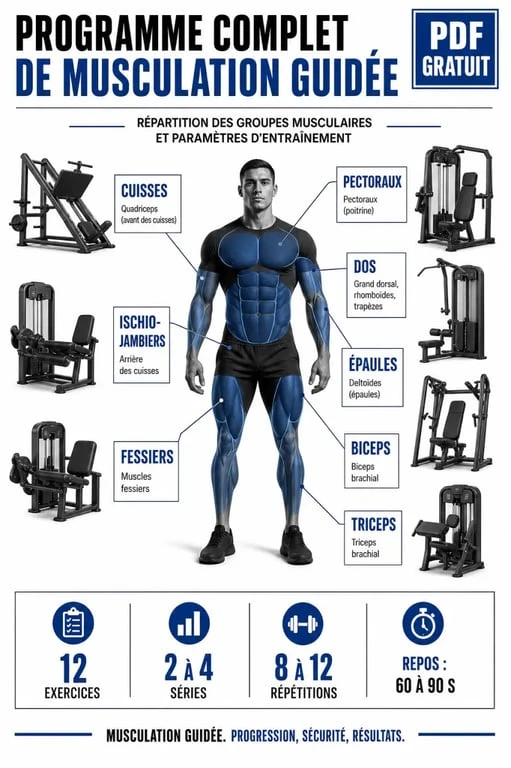 Programme complet musculation avec charge guidée pdf gratuit : infographie des muscles ciblés et des paramètres de séance