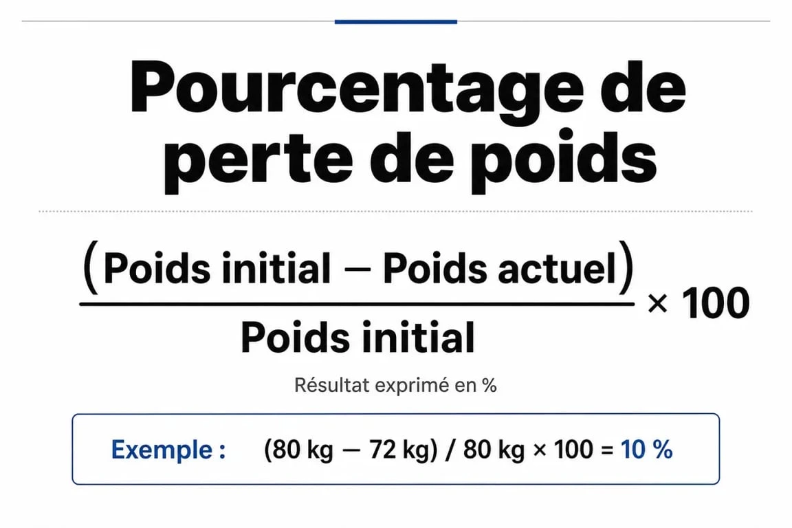 Infographie illustrant la formule de calcul du pourcentage de perte de poids pour un suivi nutritionnel