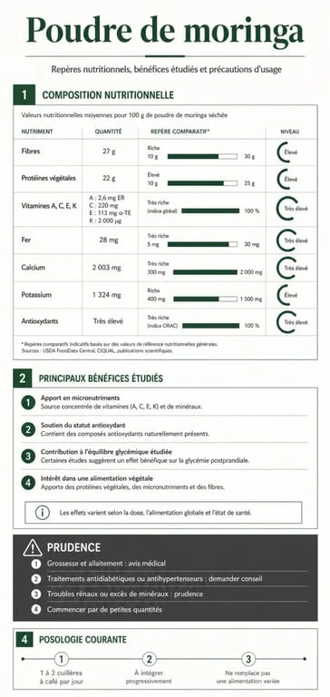 Infographie sur la poudre de moringa bienfait, ses nutriments et ses précautions