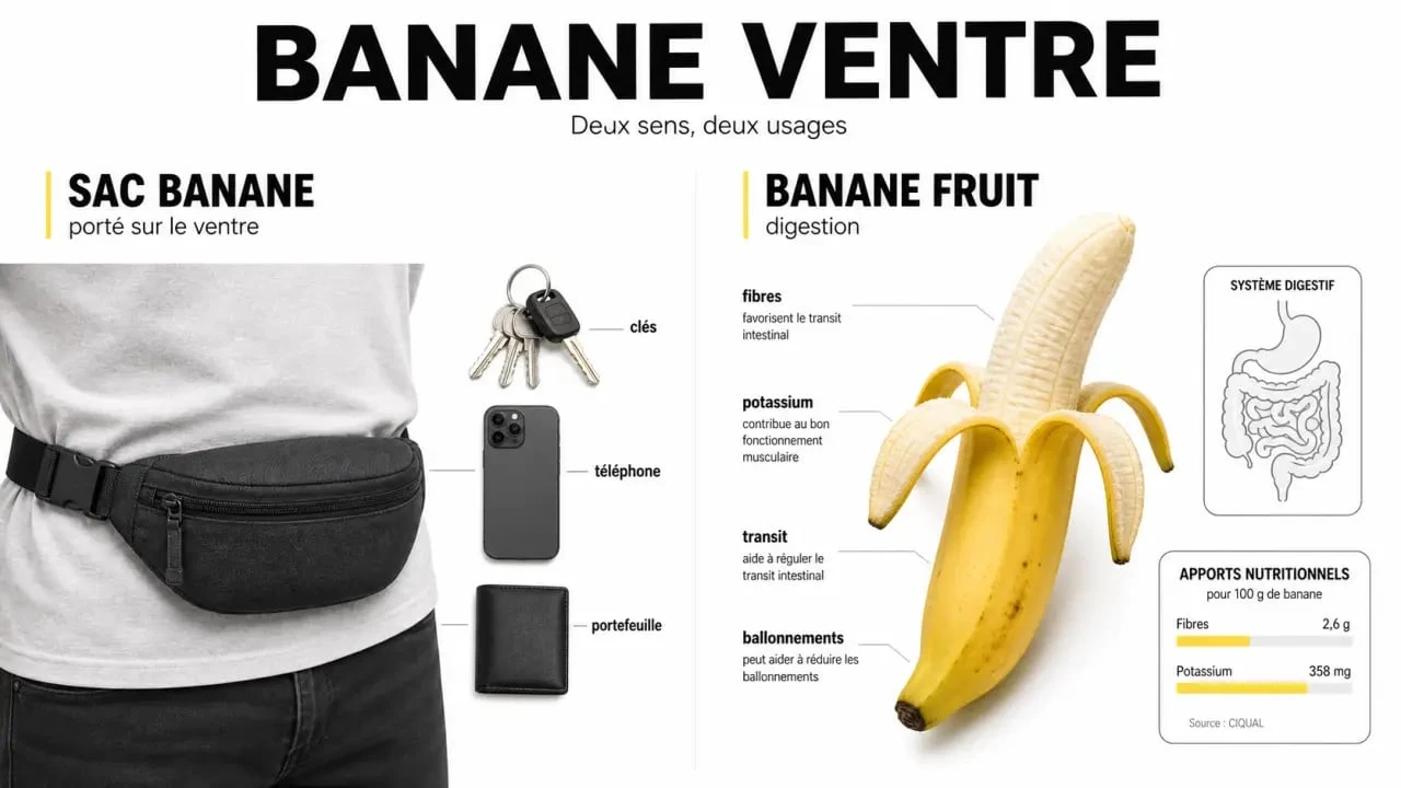 Banane ventre : illustration éditoriale montrant un sac banane porté sur le ventre et une banane liée au transit intestinal