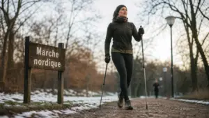 Femme en marche nordique pour la methode d entrainement nordique perte de poids, 3 sorties par semaine