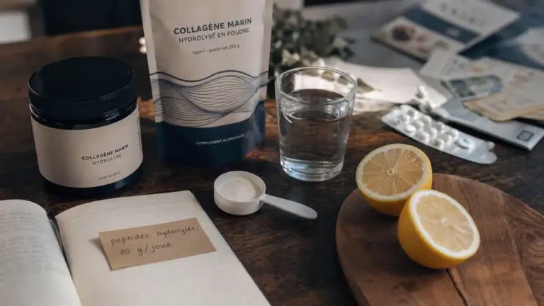 Meilleur collagene marin : pot de collagène marin hydrolysé, verre d’eau et citron