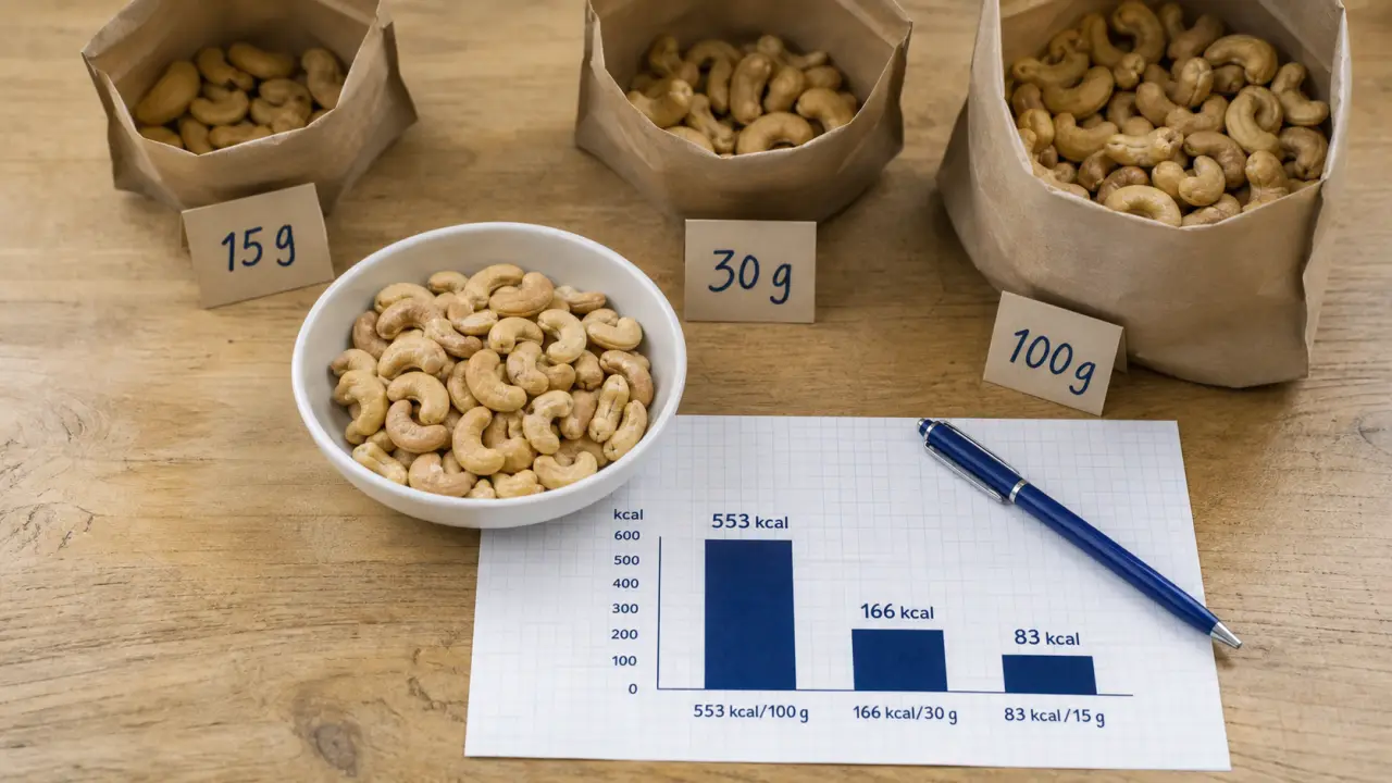 Noix de cajou calories : repères 15 g, 30 g et 100 g (553 kcal/100 g)