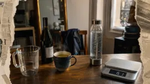 Perte de poids après 15 jours sans alcool : balance affichant 15 J et boissons sans alcool