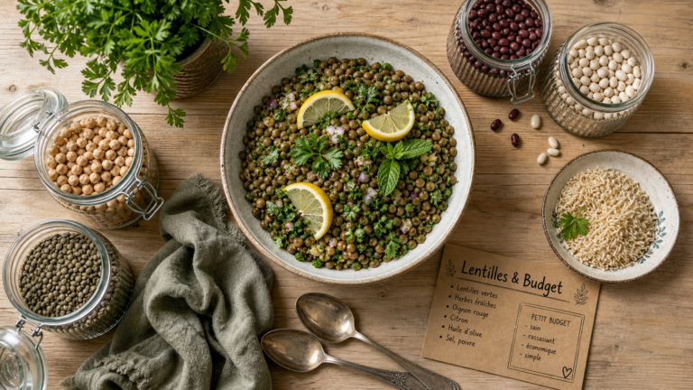Pourquoi manger des légumineuses : salade de lentilles et légumineuses sur table