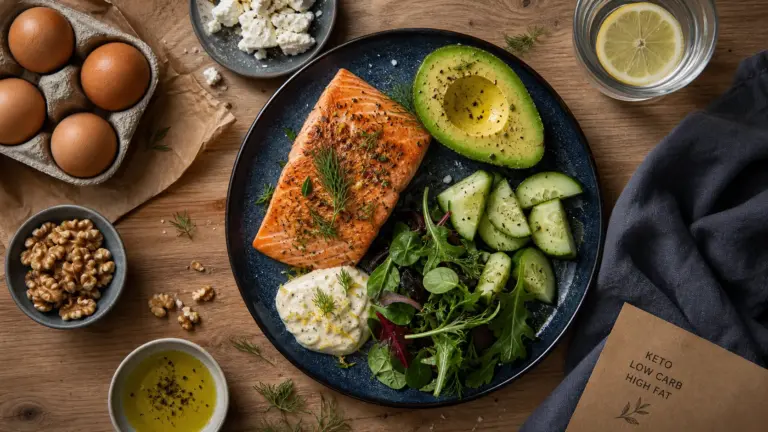 Recette keto saumon, avocat et sauce citron sur assiette