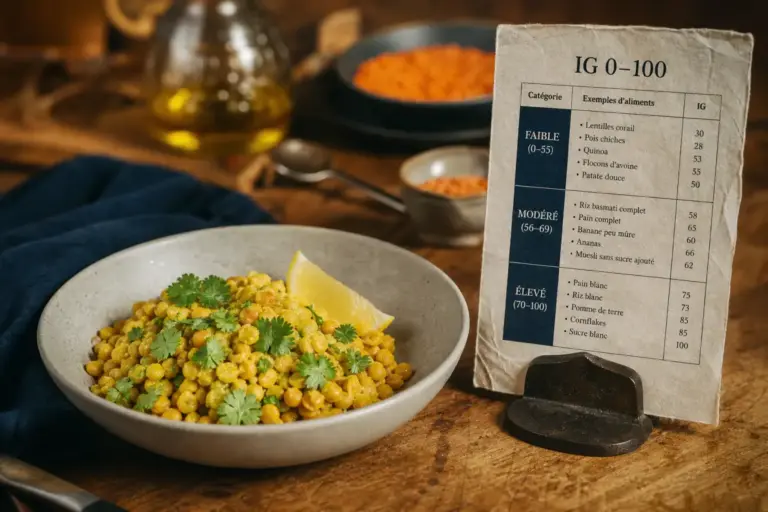 Tableau IG PDF sur fiche près d’une salade de lentilles corail