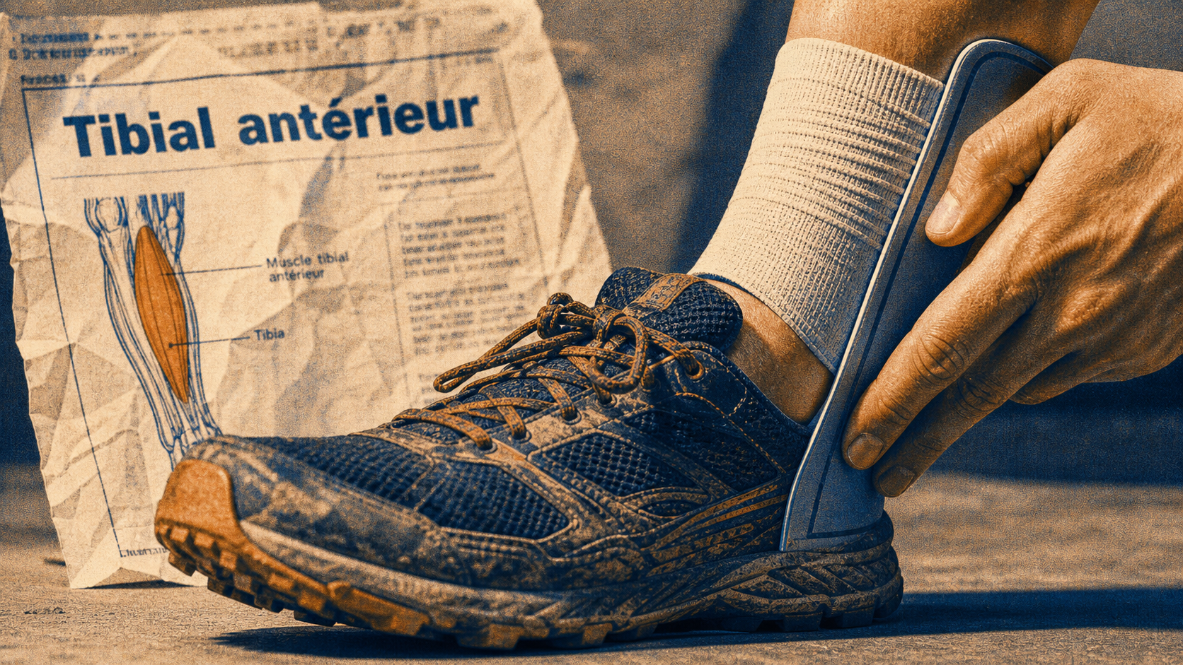Tendinite releveur du pied : attelle maintenant le pied et bandage de compression à la cheville
