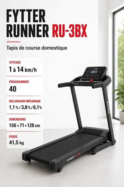 Fytter tapis de course FYTTER RUNNER RU-3BX avec vitesse, inclinaison et dimensions clés