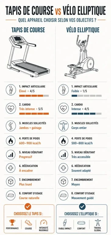 Comparatif tapis de course ou vélo elliptique avec critères de cardio, impact articulaire et perte de poids