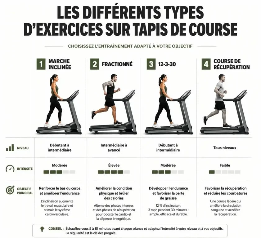 Infographie des exercices sur tapis de course par niveau et objectif