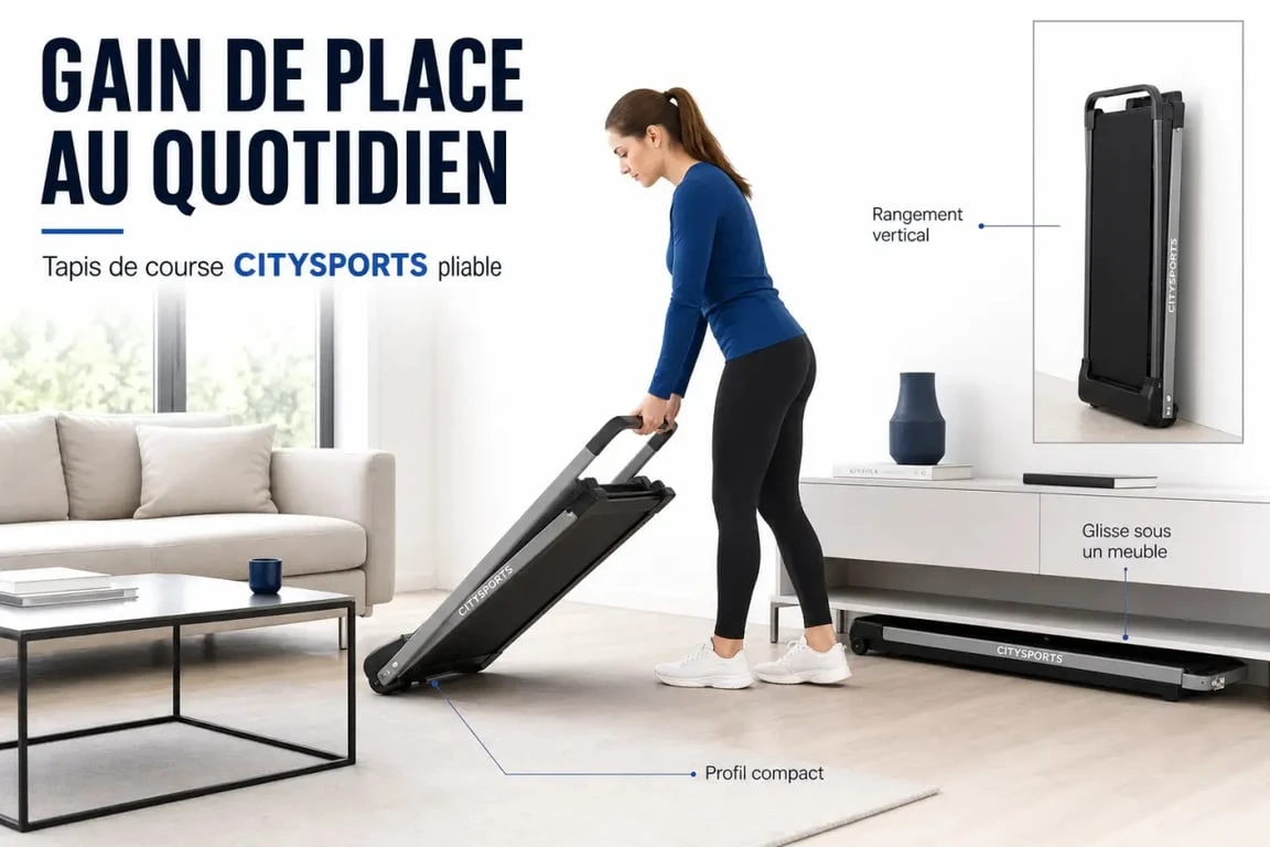 Tapis de course citysports pliable rangé dans un appartement compact