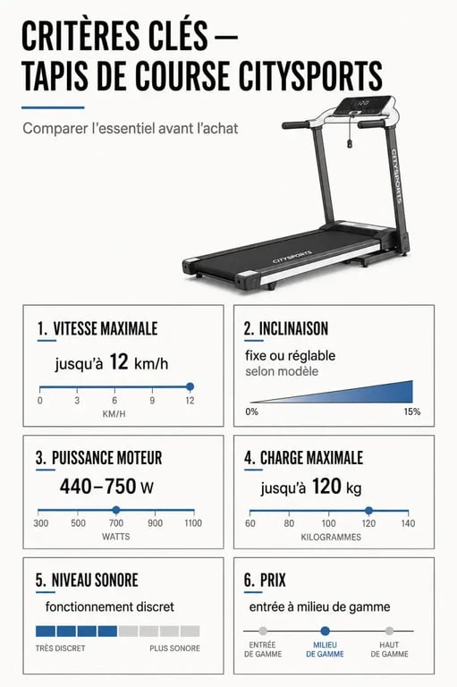 Comparatif du tapis de course citysports avec vitesse, inclinaison, puissance, bruit et prix