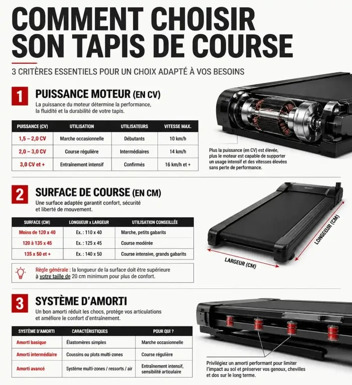 Critères techniques pour choisir un tapis de course Cdiscount : moteur, surface et amorti