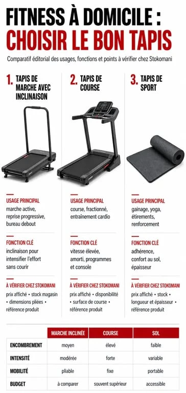 Comparatif tapis de course Stokomani entre tapis de marche, tapis de course et tapis de sport avec prix et critères de choix