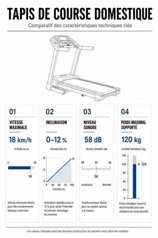 Infographie comparative des caractéristiques techniques du tapis de course HomeTro pour aider au choix avant achat