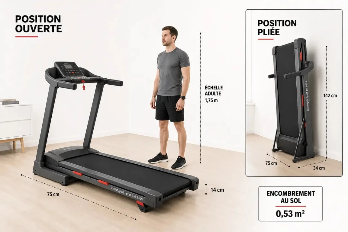 Tapis de course Lidl Christopeit Sport TM 500S dans un salon, avec vue sur le pliage et l’encombrement