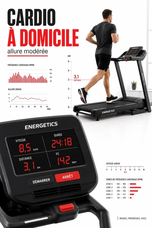 Tapis de course energetics en usage avec console LED pour comprendre les fonctions d’entraînement