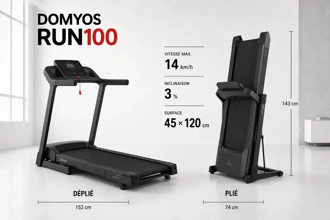 Tapis de course RUN100 Domyos en vue pliée et dépliée dans un intérieur, avec ses caractéristiques clés