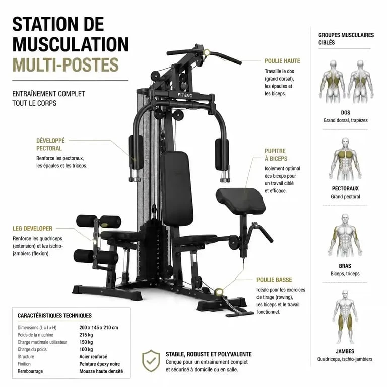 Schéma technique d'un banc de musculation Weider multi-postes pour l'entraînement à domicile