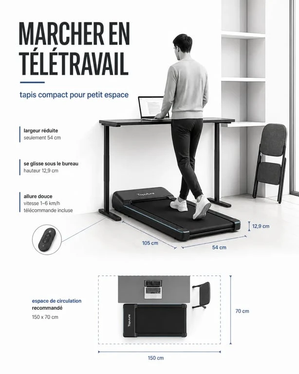 Tapis de course toputure compact sous un bureau dans un petit appartement