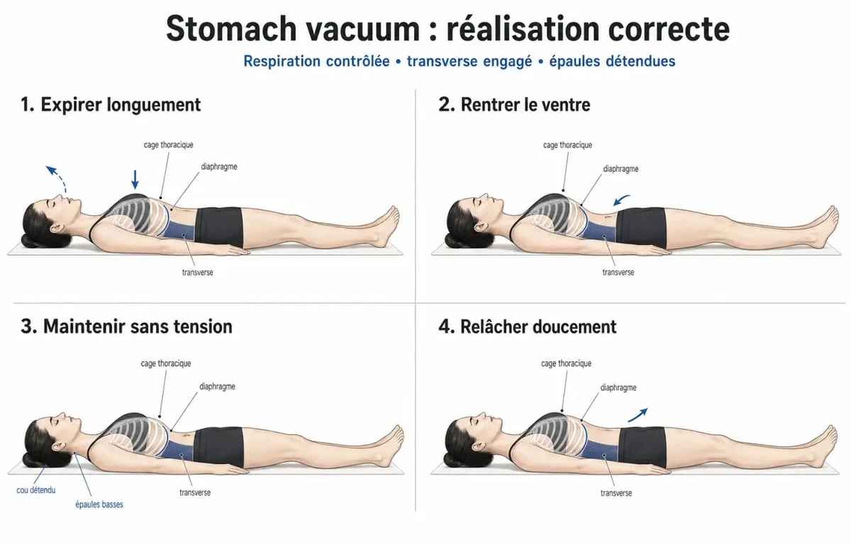 Exercice stomach vacuum : illustration pas à pas de la respiration, de l’aspiration du ventre et de la posture correcte