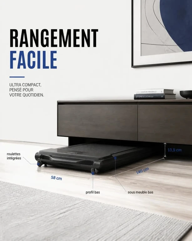 Tapis de course bureau rangé dans un petit espace avec roulettes de transport