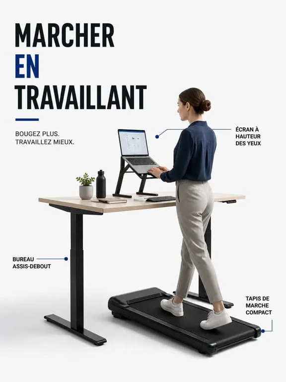 Tapis de course bureau installé sous un bureau assis-debout dans un petit espace de télétravail