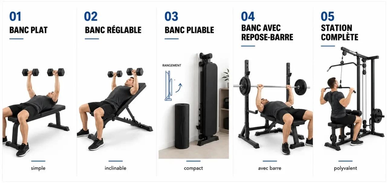 Banc de musculation Intersport : comparaison visuelle des principaux types de bancs pour home gym
