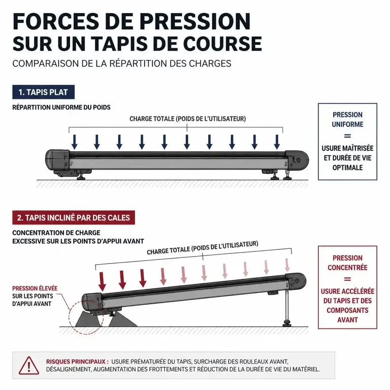 Schéma expliquant pourquoi incliner un tapis de course non inclinable avec des cales est dangereux pour la structure