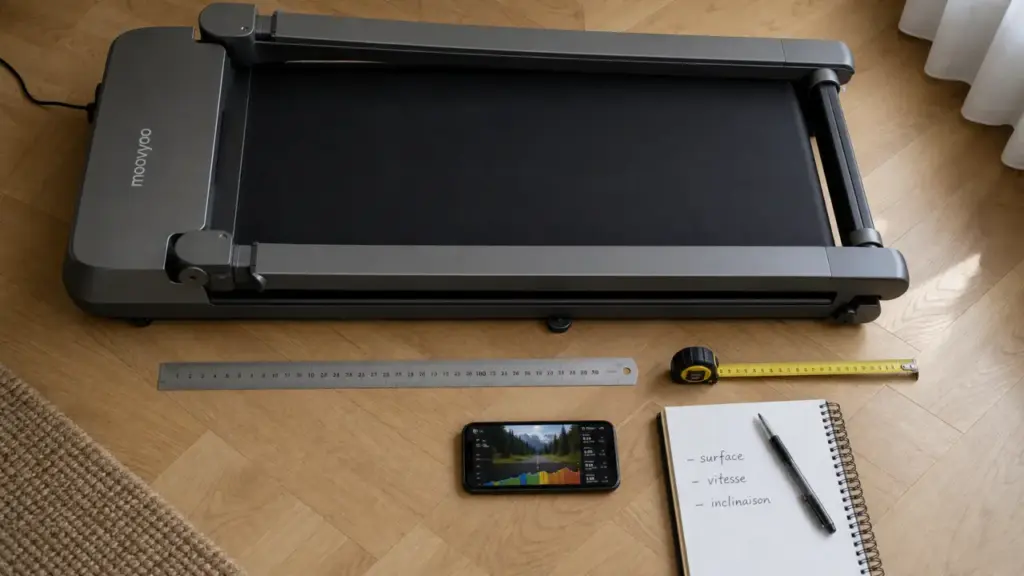 Tapis de course moovyoo plié, mesure surface, smartphone entraînement