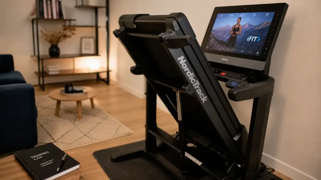 Tapis de course nordictrack compact plié, inclinaison visible, séance iFIT