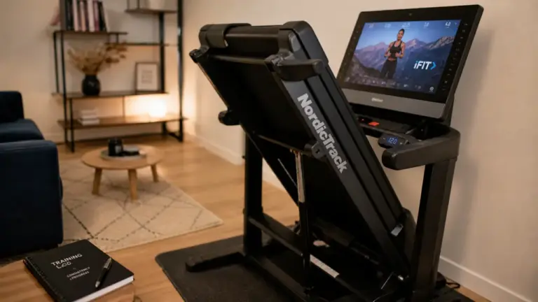 Tapis de course nordictrack compact plié, inclinaison visible, séance iFIT