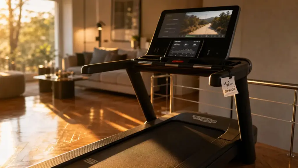Tapis de course technogym MyRun à la maison, écran allumé
