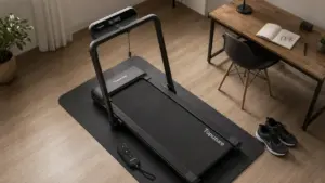 Tapis de course Toputure compact en appartement, déplié sur sol stratifié
